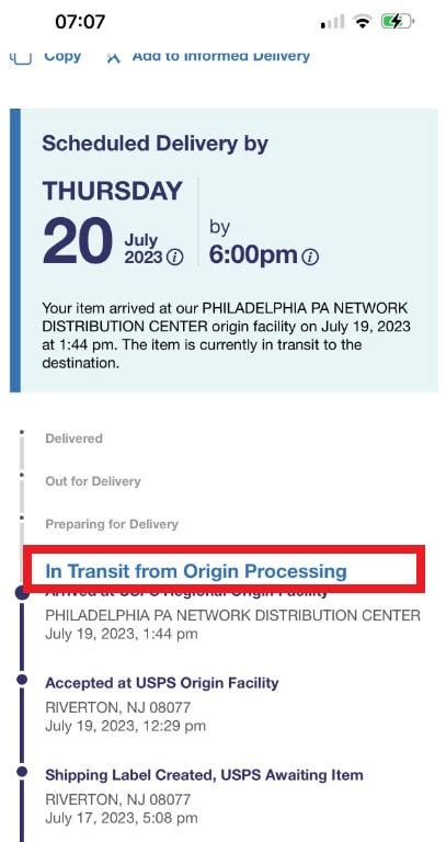 They must travel from their origin all the way to your local post office before making the final trek to your home. . In transit from origin processing usps